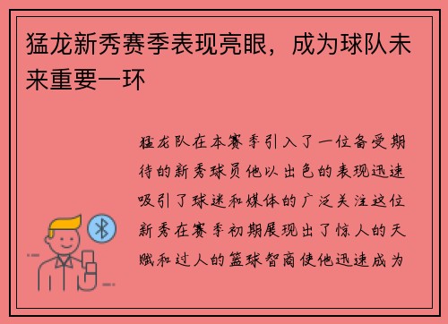 猛龙新秀赛季表现亮眼，成为球队未来重要一环